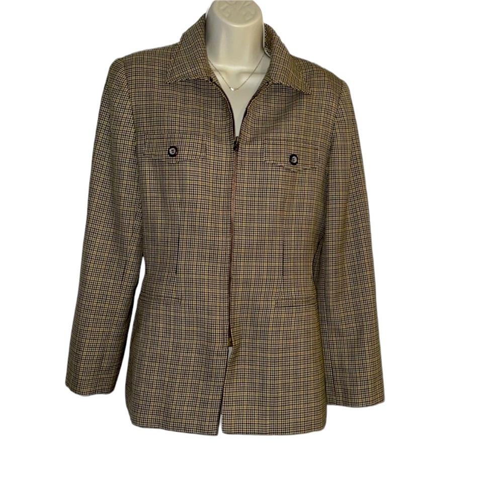 Kasper ASL Houndstooth Tan Size 6 Zip Wool Blend Blazer